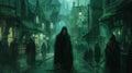 Eerie Evening Stroll: Grim Reaper Roaming Medieval City Streets