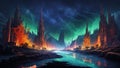 Eerie fantasy landscape with fire burning in forest, reflecting in a lake under an aurora borealis night sky