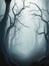 eerie fog slowly rolling in between a sombre forest of twisted branches and gnarled trees. Gothic art. AI generation