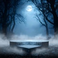 Eerie Forest Scene with Stone Podium Beneath a Bright Full Moon at Night Royalty Free Stock Photo