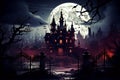 Eerie fortress haunted castle surrounded by a cemetery, icons embrace a Halloween atmosphere