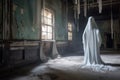 eerie ghostly apparition floating in an abandoned hallway