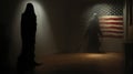 Eerie Ghostly Figures In An Empty Room With Us Flag: Dark Concept Art