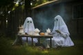 Eerie Ghosts take tea picnic house. Generate Ai