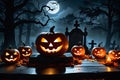 Eerie Glow: Halloween-Themed Still Life - Jack-o\'-Lantern with Flickering Candlelight Casting Spooky Shadows