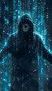 Eerie hacker with glowing binary face in dark space, symbolizing cybercrime and data control Royalty Free Stock Photo