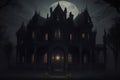 Eerie halloween ambiance abandoned mansion and ghostly figures in moonlit shadows atmospheric artwork