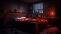 Eerie Halloween Bedroom with Sinister Red Lighting for a Spooky Night