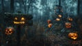 Haunted Halloween: Graveyard, Pumpkins, and Skeletons by Wooden Sign Board in Forest at Night