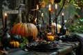 Eerie Halloween Dinner Table with Skull, Pumpkins, and Candles Royalty Free Stock Photo