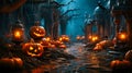 Eerie Halloween Nightscape with Jack o' Lanterns.Generative AI Royalty Free Stock Photo