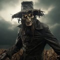 Eerie Harvest Guardian: Sinister Scarecrow Stands Amidst Cornfield Shadows