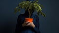 Eerie Haunting Composition: Person Holding Potted Plant On Head