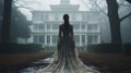 Cold haunting ghostly female figure walking in front of a foggy Southern Plantation antebellum mansion on Halloween night -