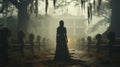Teenage girl ghost walking toward a foggy Southern Plantation antebellum mansion on Halloween night -