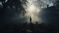 Haunting ghostly child figure in front of a foggy Southern Plantation antebellum mansion on Halloween night -