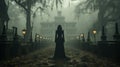 Back view of a haunting ghostly female in front of a foggy Southern Plantation antebellum mansion on Halloween night -