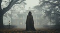 Ghost figure walking in front of a foggy Southern Plantation antebellum mansion on Halloween night - Royalty Free Stock Photo