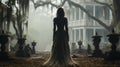 Foggy Southern Plantation antebellum mansion near an eerie haunting ghostly female figure standing Royalty Free Stock Photo