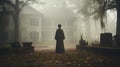 Sad haunting ghostly figure walking in front of a foggy Southern Plantation antebellum mansion on Halloween night -