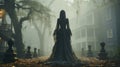 Feminine ghostly figure walking in front of a foggy Southern Plantation antebellum mansion on Halloween night -