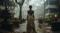 Victorian woman ghost walking in front of a foggy Southern Plantation antebellum mansion on Halloween night -