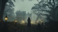 Woman figure walking in front of a foggy Southern Plantation antebellum mansion on Halloween night -