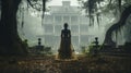 Haunting ghostly female figure walking in front of a foggy Southern Plantation antebellum mansion on Halloween night -