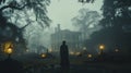 Eerie haunting ghostly female figure walking in front of a foggy Southern Plantation antebellum mansion on Halloween night -