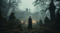 Female figure walking in front of a foggy Southern Plantation antebellum mansion on Halloween night -