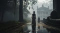 Ghostly female figures walking in front of a foggy Southern Plantation antebellum mansion on Halloween night -