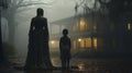 Foggy Southern Plantation antebellum mansion haunted by ghostly silhouetted female and child figures Royalty Free Stock Photo