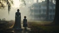 Child and Mother haunting ghostly silhouetted figures walking in front of a foggy Southern Plantation antebellum mansion o