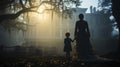 Mother and child figures walking in front of an eerie haunting Southern Plantation antebellum mansion on