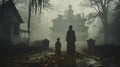 Ghostly silhouetted female and child figures walking in front of a foggy Southern Plantation antebellum mansion on