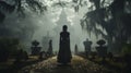 Gothic girl ghost walking in front of a foggy Southern Plantation antebellum mansion on Halloween Royalty Free Stock Photo