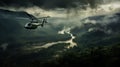 Eerie Helicopter Flight Over Jungle And River In India