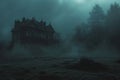 An eerie house stands surrounded by thick fog in the midst of a forest, evoking a sense of mystery and unease, Spooky haunted Royalty Free Stock Photo