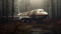 Eerie Hyper-realistic Portraiture: Abandoned Plane In Misty Wooded Area