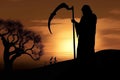 Dark and foreboding silhouette of Grim Reaper at cemetery, Generative AI