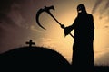 Dark and foreboding silhouette of Grim Reaper at cemetery, Generative AI