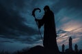 Dark and foreboding silhouette of Grim Reaper at cemetery, Generative AI