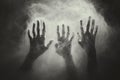 Three ghostly hands behind foggy glass in dark background