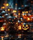 Eerie jack-o'-lanterns light up a foggy Halloween scene. AI generation