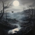 an eerie landscape with a full moon and dense fog enveloping it, with silhouettes of trees and birds illustrations. Royalty Free Stock Photo