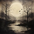 an eerie landscape with a full moon and dense fog enveloping it, with silhouettes of trees and birds illustrations. Royalty Free Stock Photo