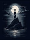 An eerie lighthouse standing alone on a jagged cliff its light shining out into the endless darkness of a starless night