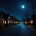 an eerie looking picture shows a town by a small dark street in a residential neighborhood at