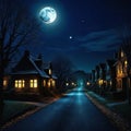 an eerie looking picture shows a town by a small dark street in a residential neighborhood at