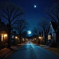 an eerie looking picture shows a town by a small dark street in a residential neighborhood at